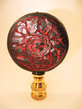 Finial: Asian Red and Black Flower Disk. 2 3/4" overall