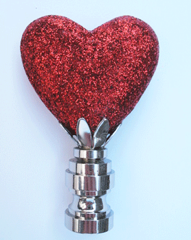 Lamp Finial: Valentine Glitter  Heart. 2 1/2 tall overall.