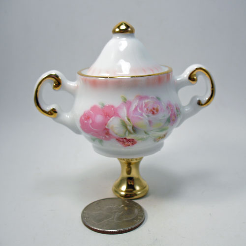 Lamp Finial Doll Size White and Pink Sugar Bowl