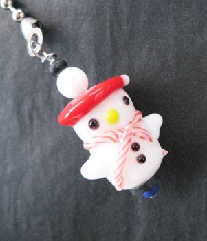 Fan Pull:  Glass Snowman. 1 1/4",  9" silver chain