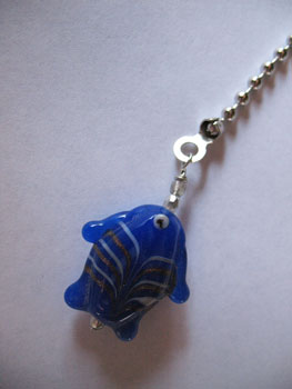 Fan Pull: Blue Fish. 1". 9" silver chain