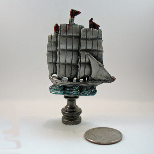 Lamp Finial;  Pewter Sailing Ship